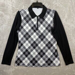 Black & White Plaid Long Sleeve Polo Shirt By Soneven - Size S - Polyester/Spand